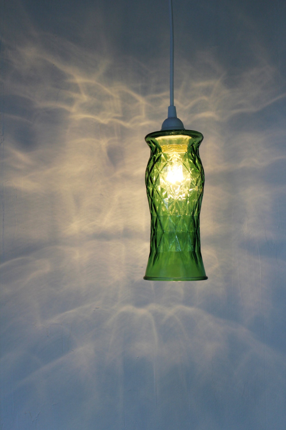Green Diamonds - Hanging Pendant Lighting Fixture - UpCycled Vintage E. O. Brody Co. Green Glass Flower Vase Lamp OOAK BootsNGus Lights