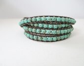 Rustic Turquoise Magnesite Gemstone Leather Wrap Bracelet - 4x Wrap Chan Luu Style