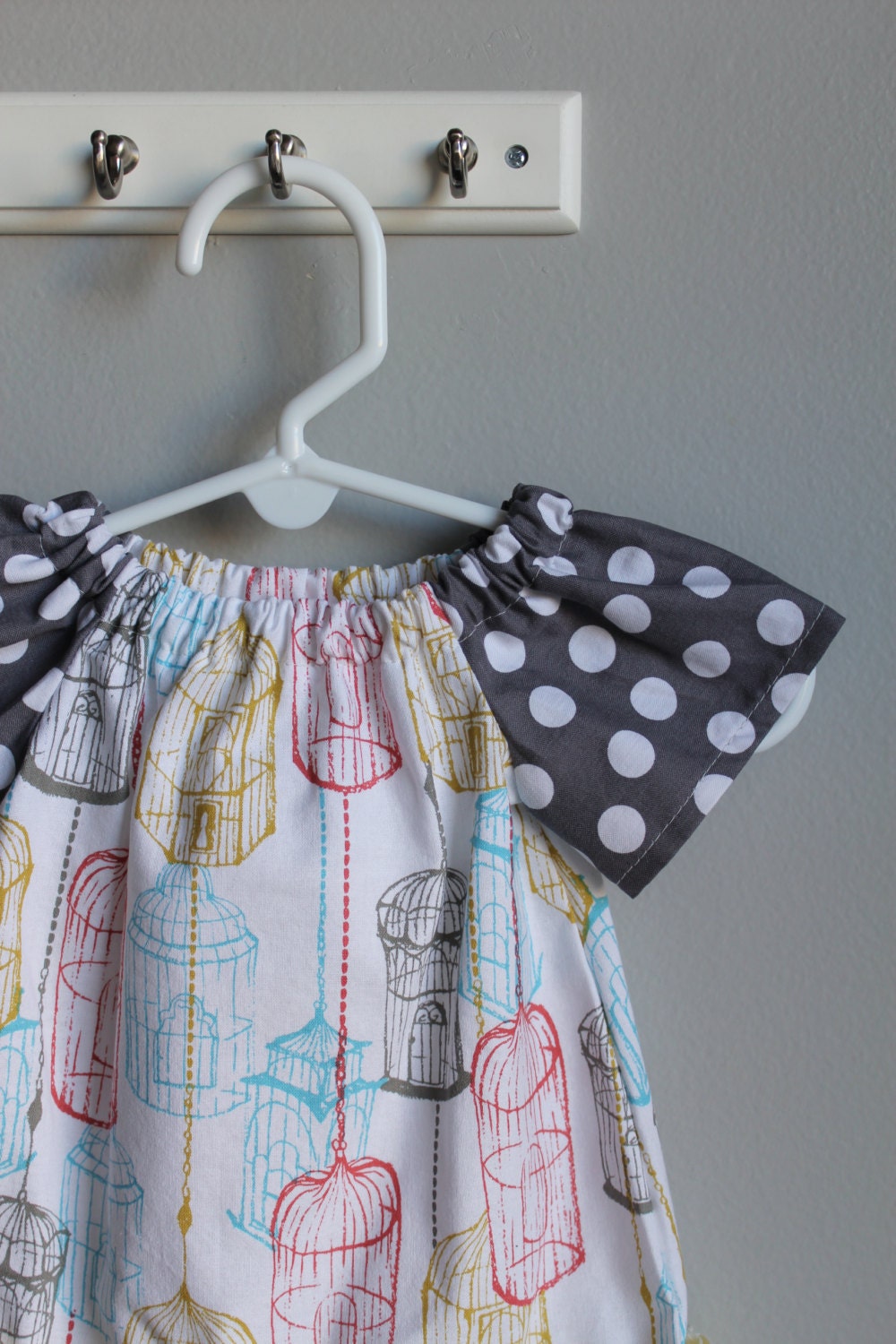 Little Girl Peasant Top Dress- 0-3 Month Size- Birdcage Print- Gray and White Polka dots- Yellow RuffleSpring Summer Dress