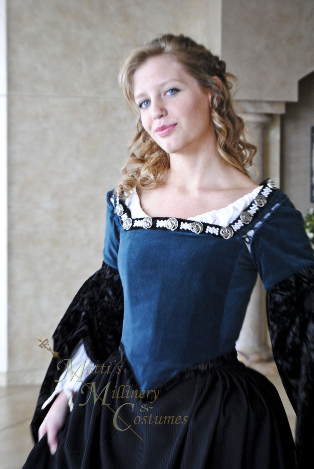 Renaissance Boleyn Court Tudor dress costume with 5 pieces in teal velveteen
