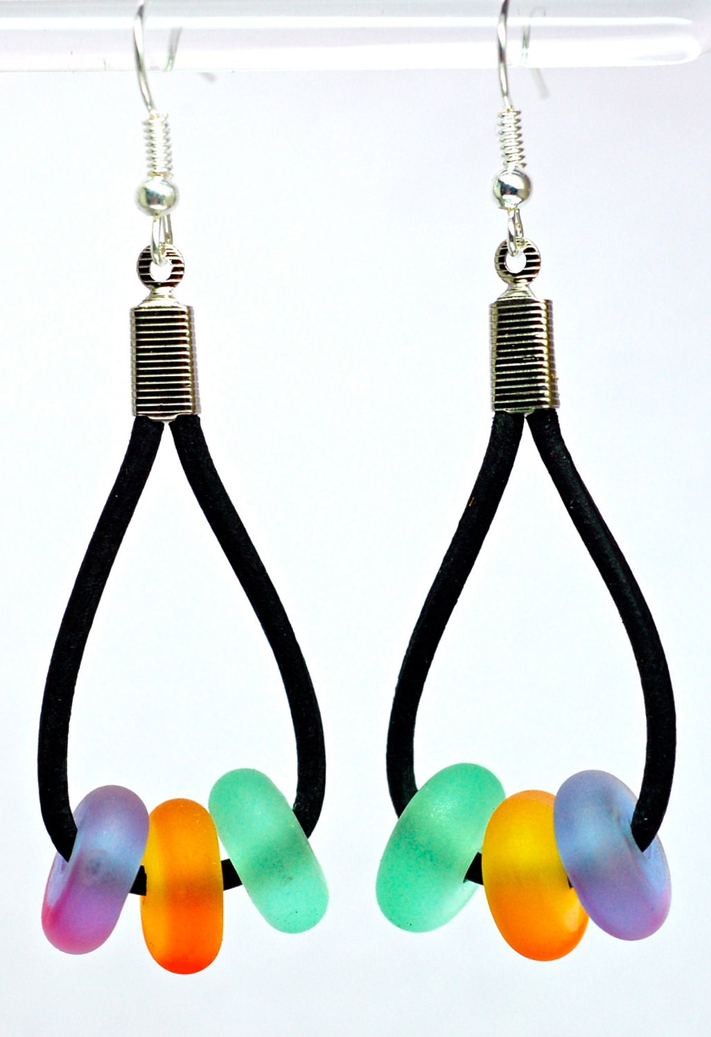 New Paulbead drop earrings lampwork seaglass style leather and silver dangle earrings