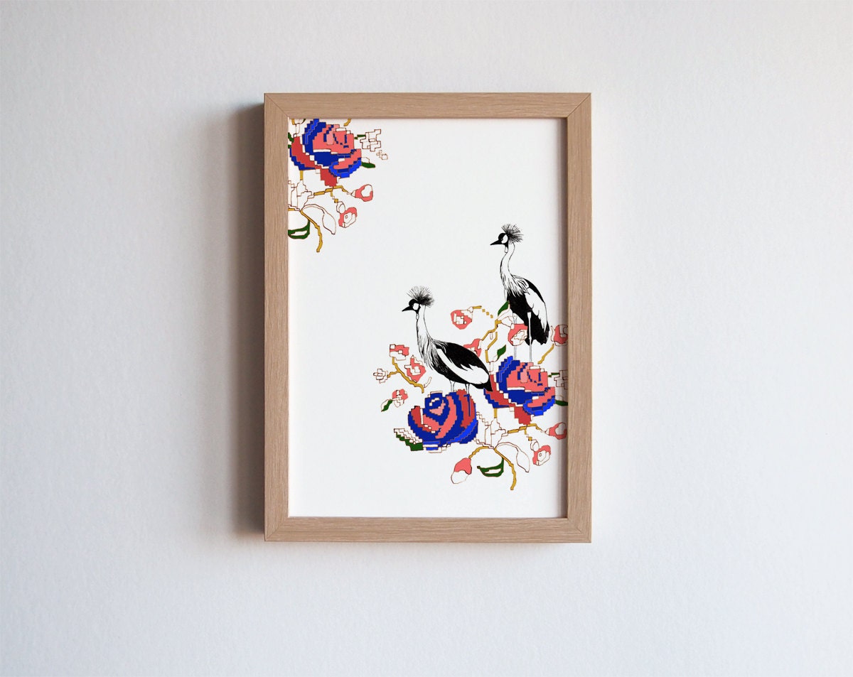 floral art print - birds and vintage floral pattern - original illustration print