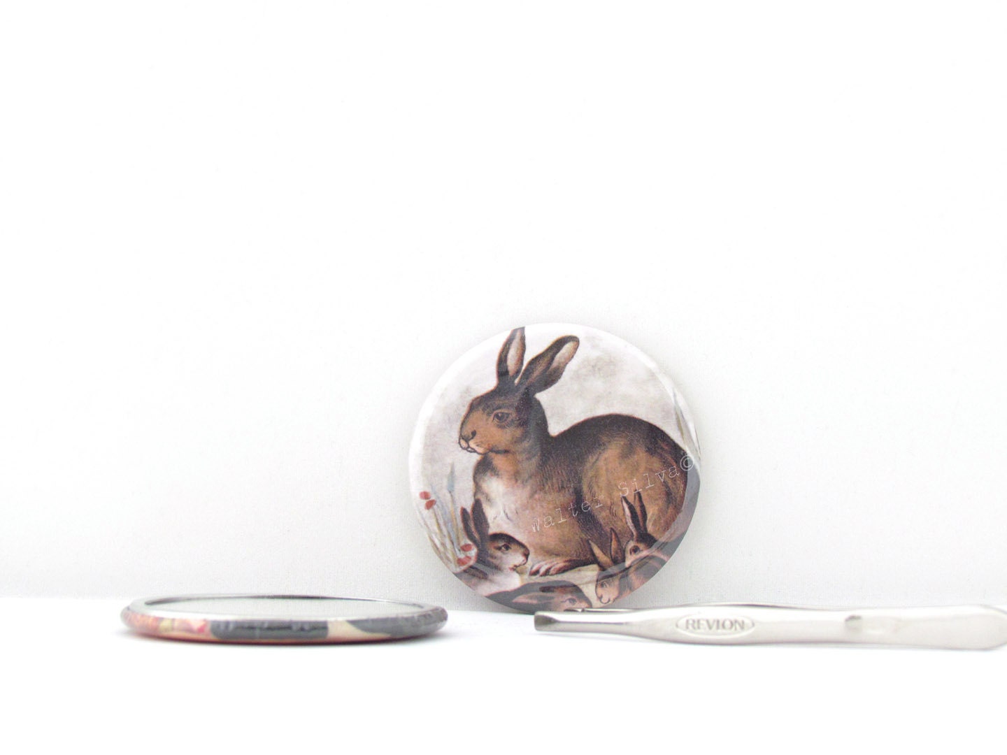 Vintage Rabbits with Bunnies Hand held Pocket Mirror , Magnet or Pin Badge - Wedding favors