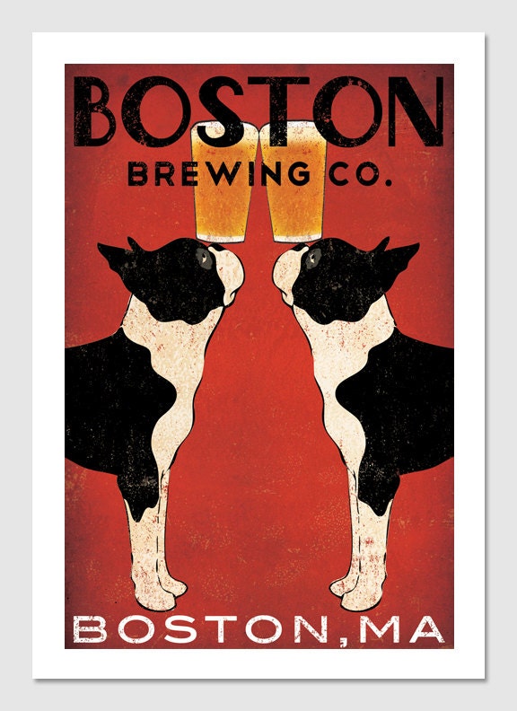 Customize Personalize -- BOSTON Terrier Brewing Co. Beer  ILLUSTRATION Giclee Print 12x18  inches signed