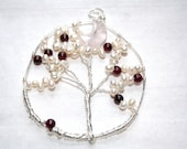 Tree of Life Pendant Fresh Water Pearls Garnets Rose Quartz Moon Silver Wire Wrapped Pendant
