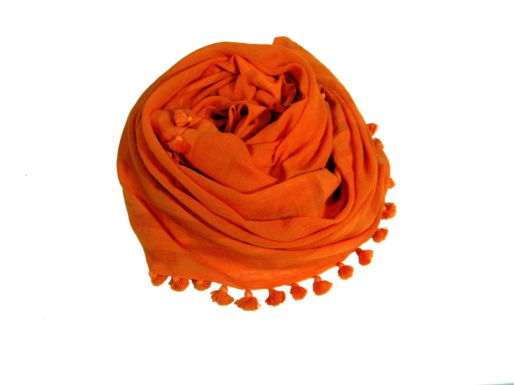 PomPom Tassel Scarf Dupatta - Hand-dyed Cotton - Orange