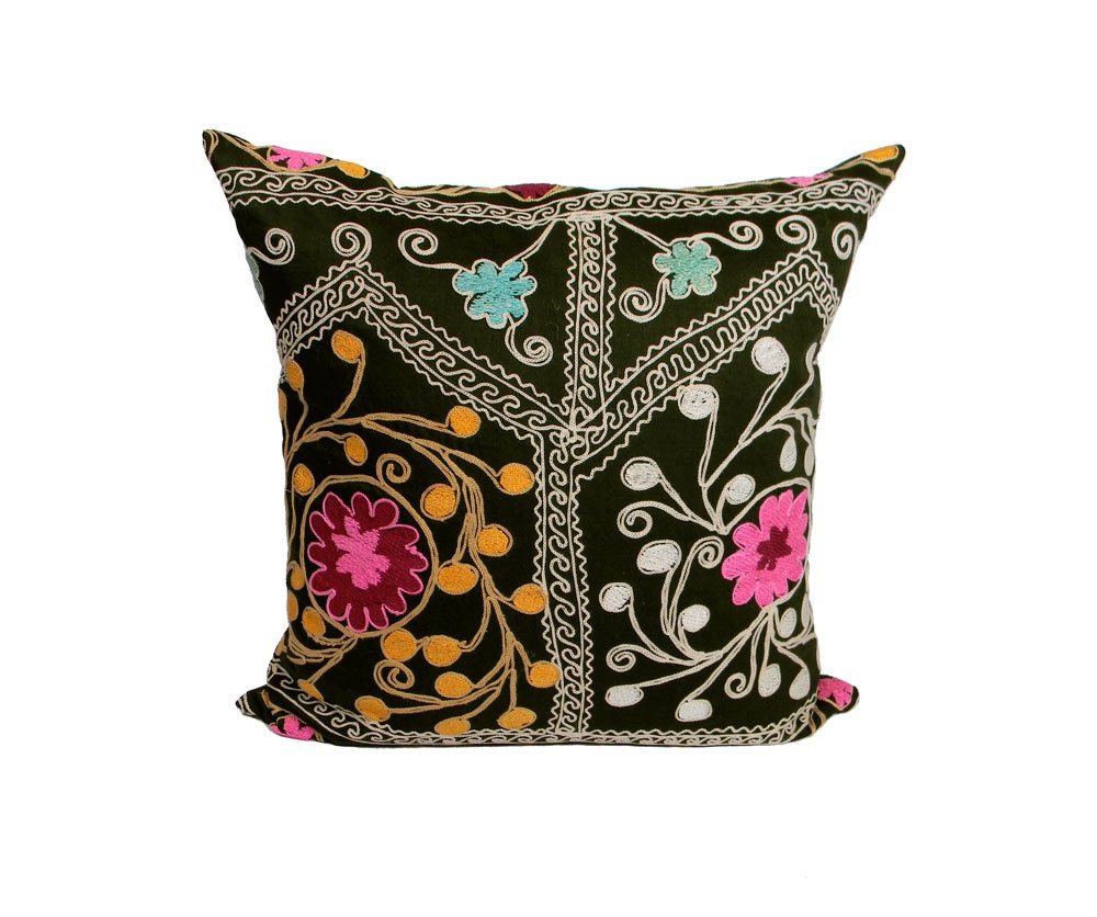 Antique Suzani Pillow - Abstract Floral - 18 x 18