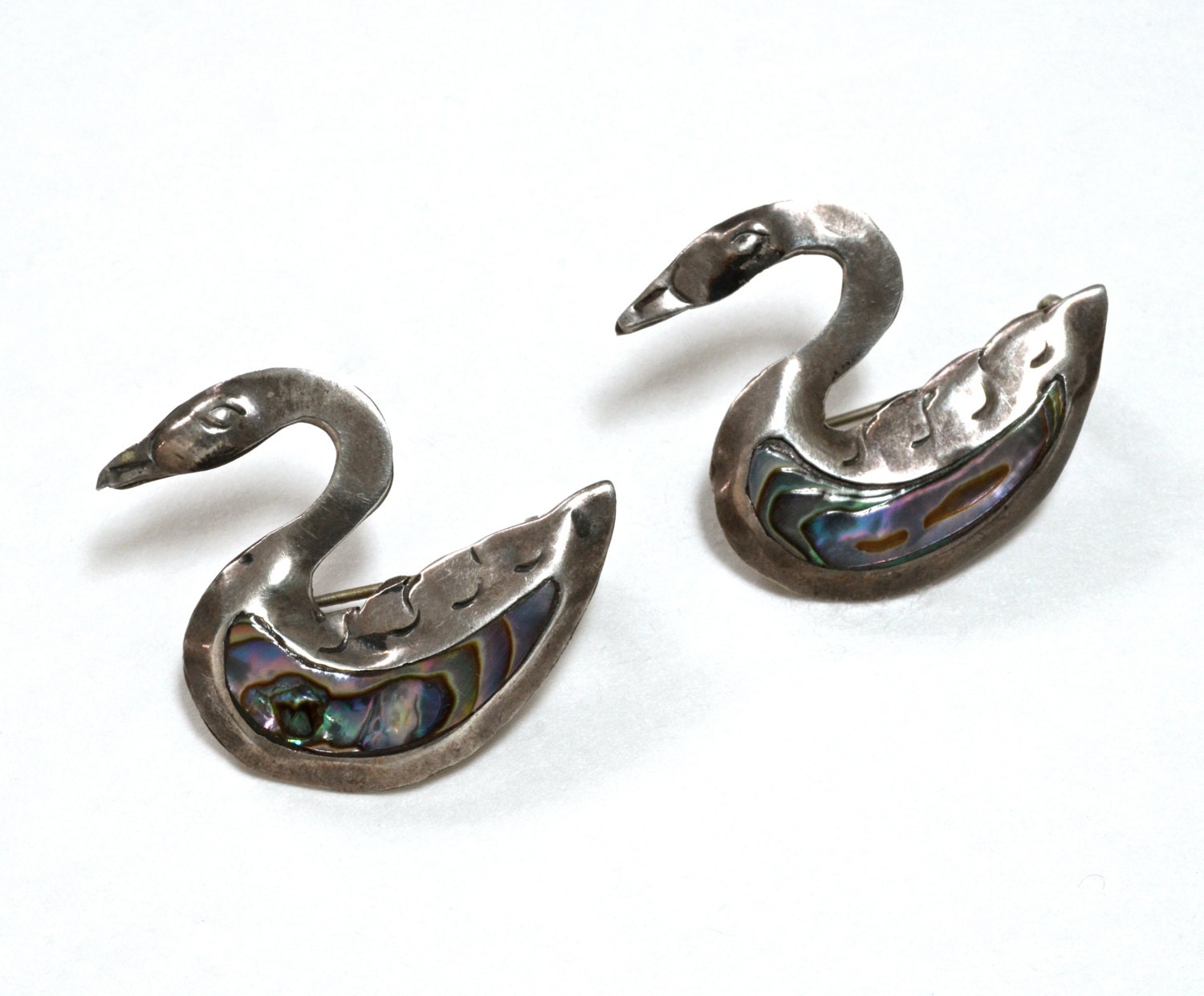 Taxco Mexico Sterling Silver Swan Abalone Scatter Pins - Pair  - .925 - Vintage 50s