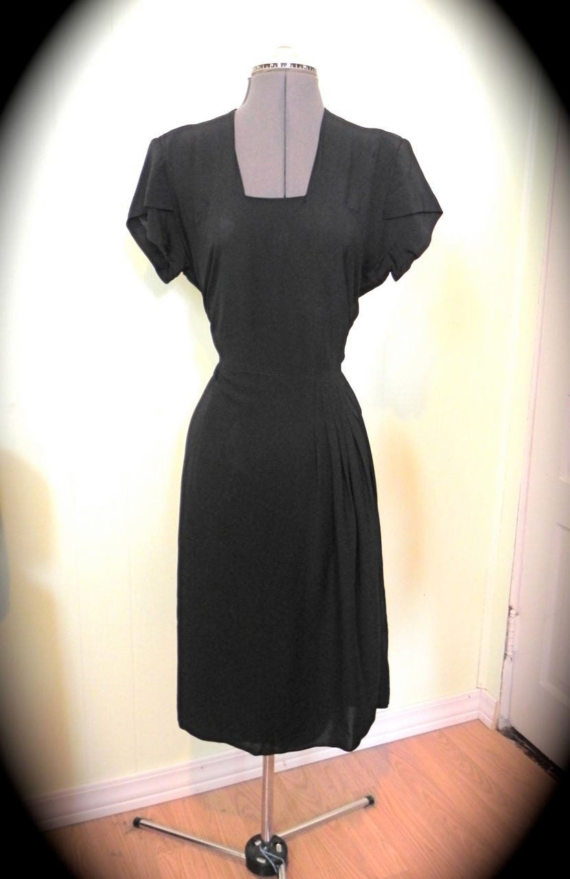 Vintage 30s 40s Black Rayon Crepe Dress By Susan Sage Size XL ON SALE