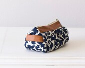 cosmetic case  , makeup bag in Blue cotton floral pattern and Brown leather