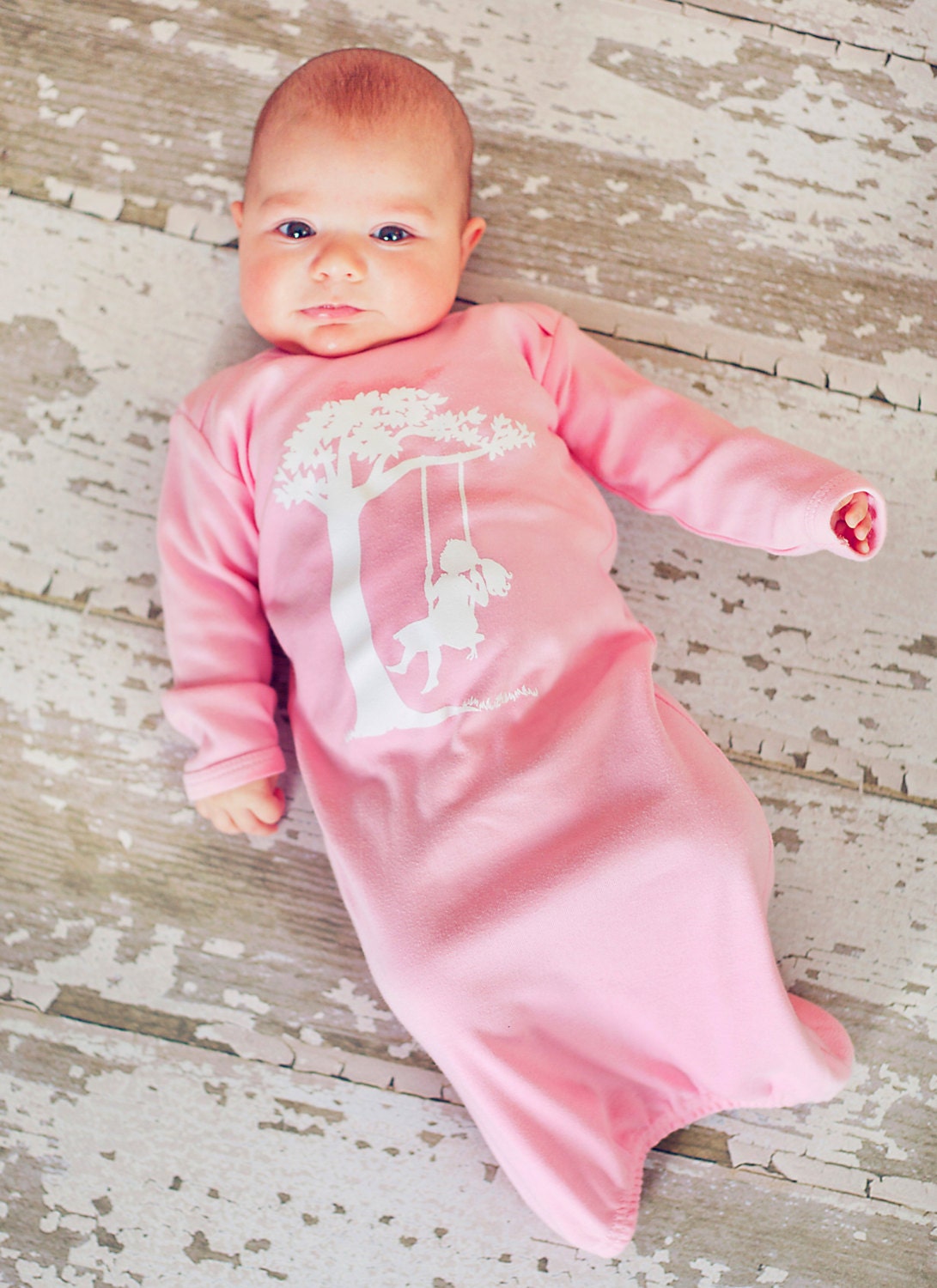 Backyard Swing for Girls Infant Long Sleeved Nostalgic Graphic Tee Gown / Layette / Onesie - Pink with White