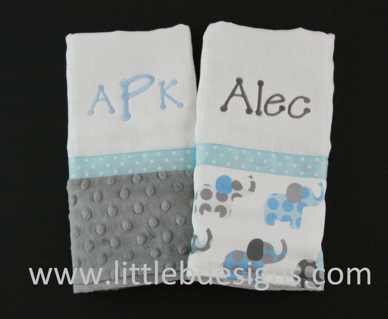 Personalized Minky Burp Cloth Set - Blue and Gray Elephants with Gray Minky