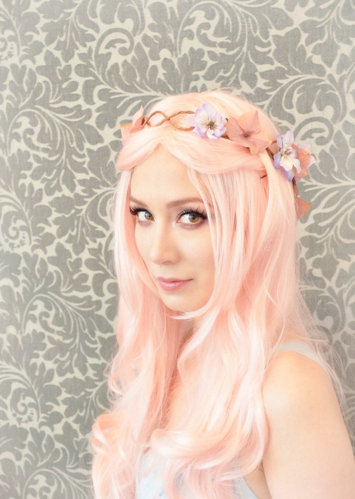 Flower crown, pink and lavender hair wreath, floral cascade crown, wedding accessory