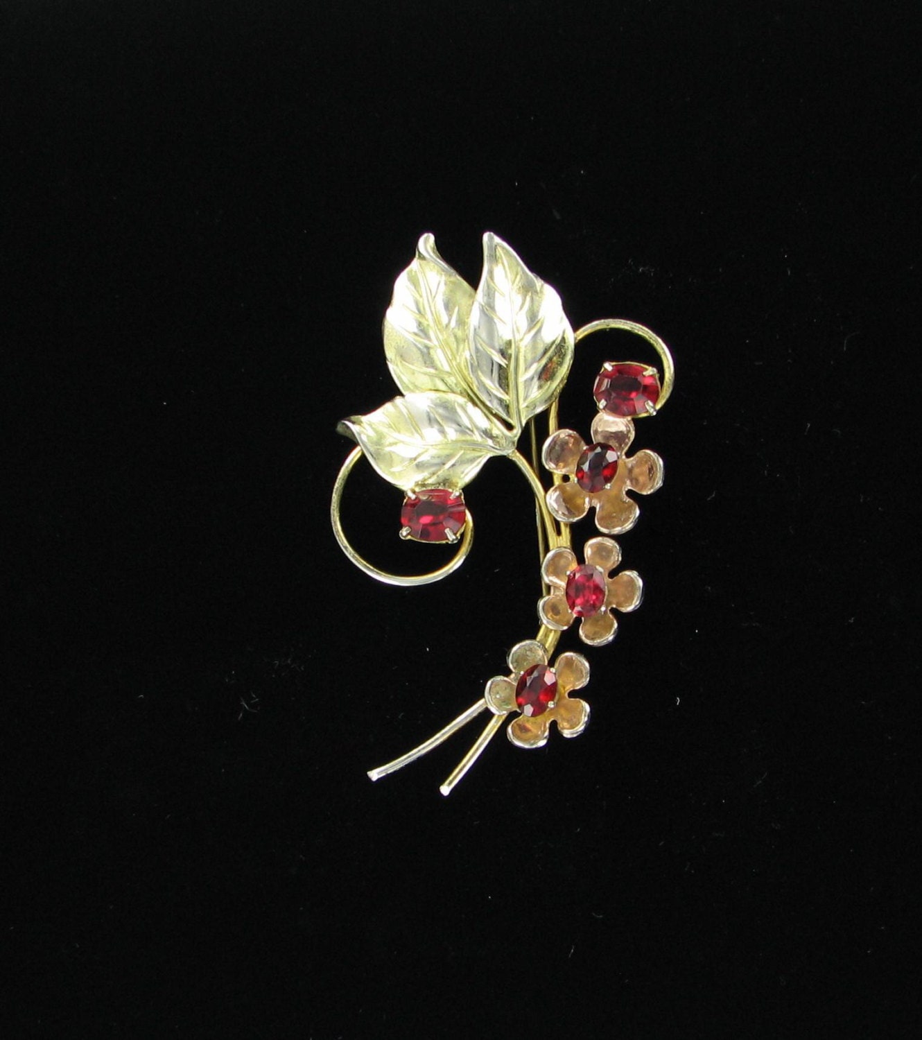 Large Sterling Silver Gold Vermeil Ruby Rhinestone Retro Flower Bouquet Brooch Pin