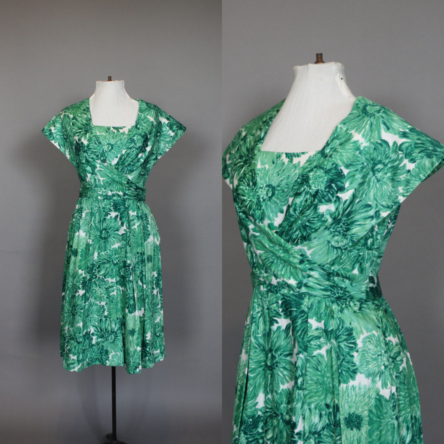 Vintage 50s Dress 1950s Floral Cocktail Party Dress Green Pin Up Rockabilly Dress White Shawl Collar Medium