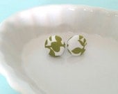 fabric covered button earrings in green and white