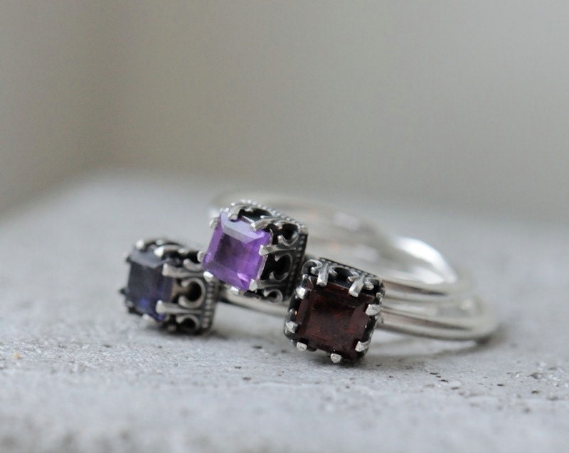 Amethyst ring. Sterling silver ring with square stone. February birthstone. Size 8 or made to order
