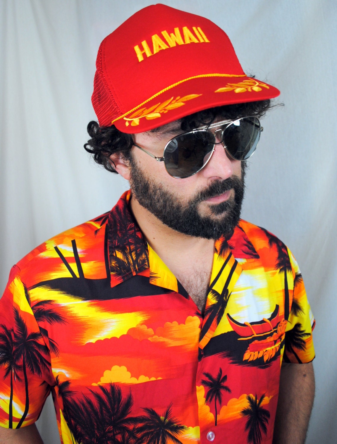 Men's Vintage Hawaiian Shirt - 1960s Kai Nani Sunset Polyester Button Up