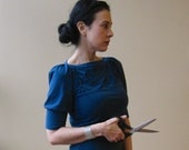 Women's Top Cotton Jersey, folded detail, puff sleeves, modern chic- made to order