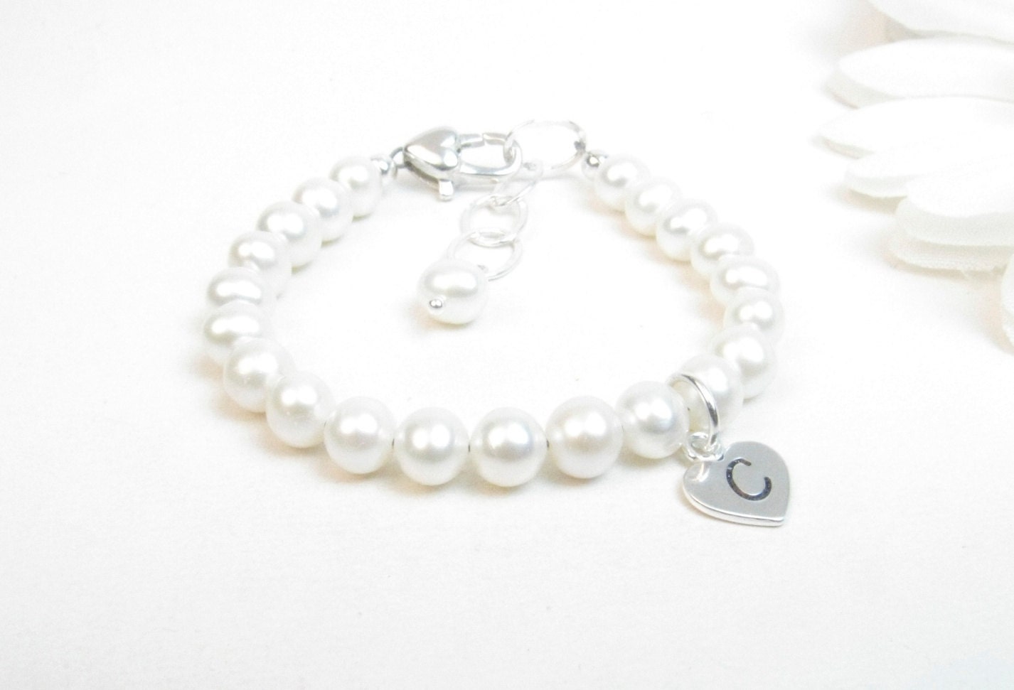 Flower Girl Bracelet with Freshwater Pearls and Hand Stamped Initial Heart Charm - pickledbeads