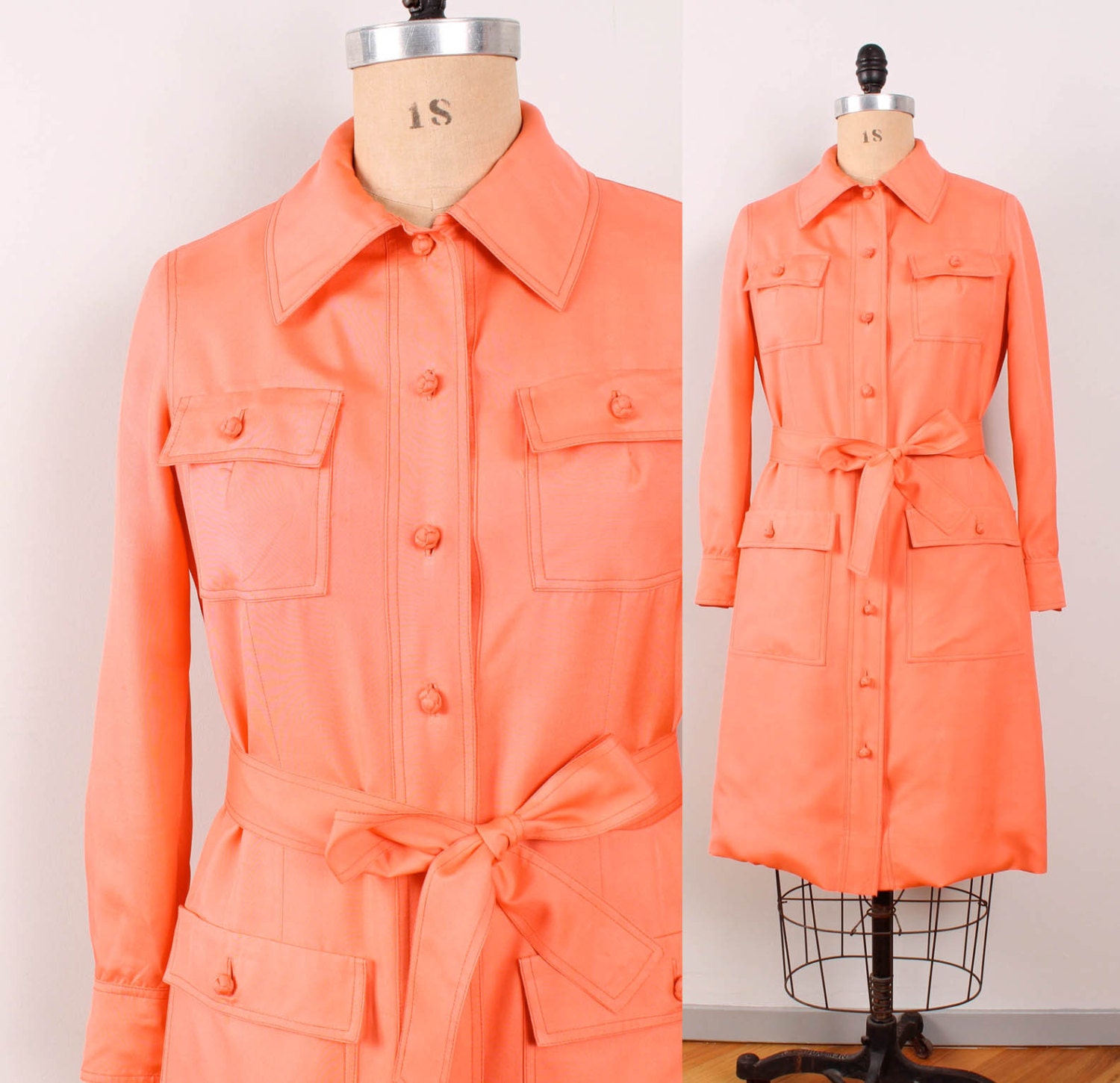 1970s Silk Safari Dress - Womens XL - Bright Coral / Orange Button Up 70s Shirtwaist Midi Dress Long Sleeve Day Dress Sherbet Frock