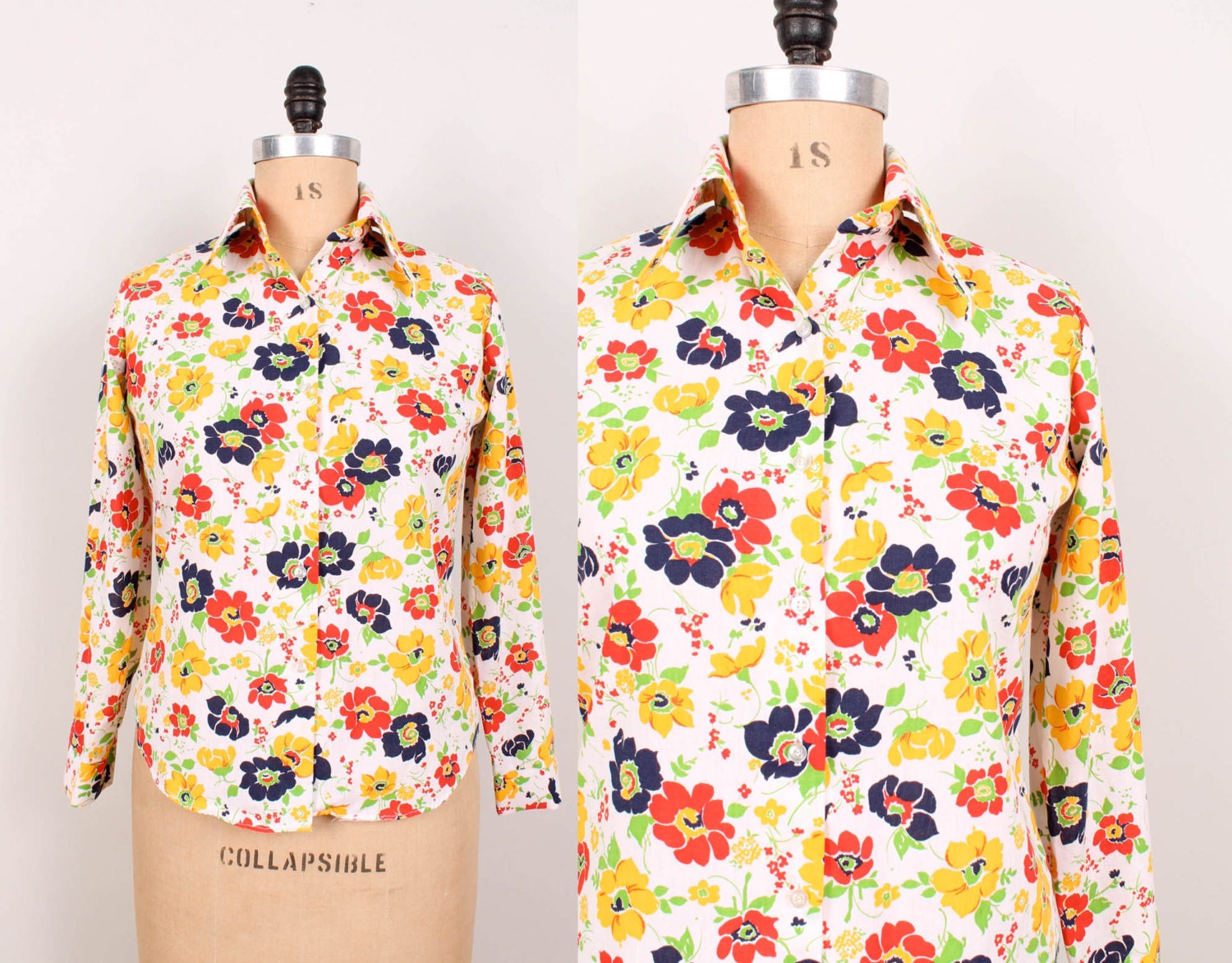 1970s Floral Cotton Blouse - Womens L - White Red Navy Blue Green Yellow Flower Print Long Sleeve 70s Shirt Button Up Lady Margaret
