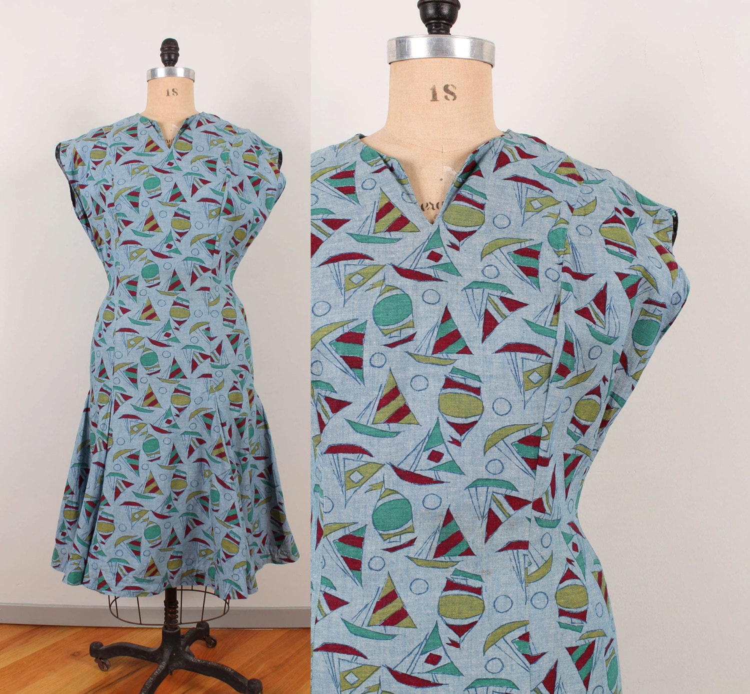 1930s Sailboat Print Chambray Dress - Womens L / XL - Handmade 30s Nautical Cap Sleeve Flared Skirt Day Dress Blue Denim Boats Pattern Frock