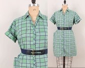 1960s Snap Up Shirt Dress - Womens Plus Size - Houndstooth Plaid Cotton Short Sleeve 60s Day Dress Green Navy Blue White Summer Frock
