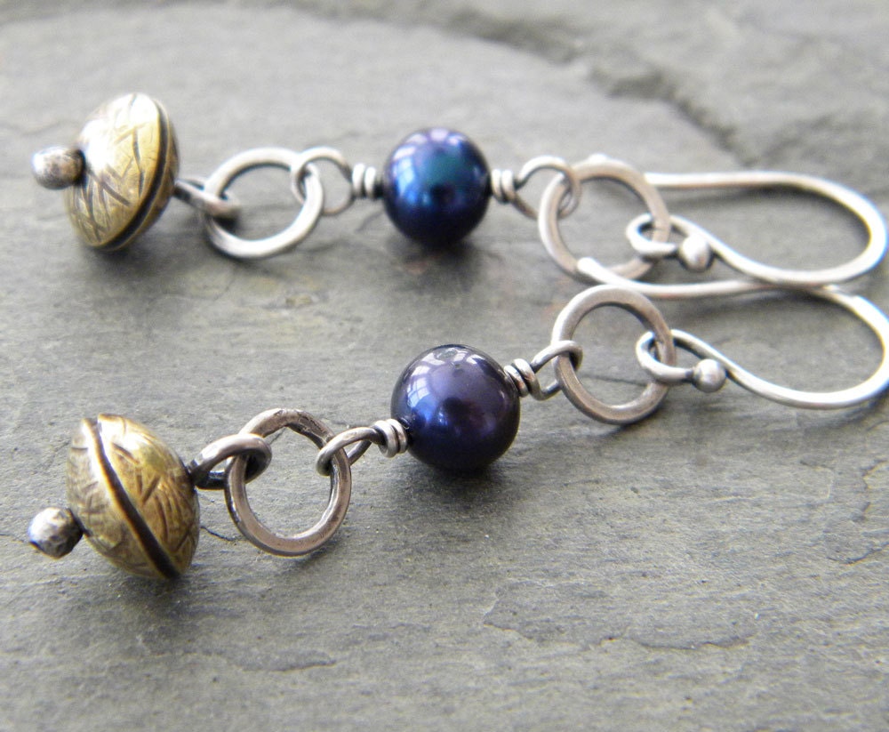 Blue Freshwater Pearl Sterling Silver Brass Earrings Long Dangle Navy Blue Brass Bead  Mixed Metal Handmade Artisan Jewelry
