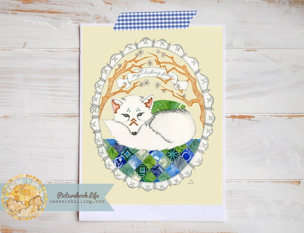 White Fox on Patchwork Quilt--My Hiding Place. Cozy Collage Print for Baby Boy or Girl in Blue and Sage Green.