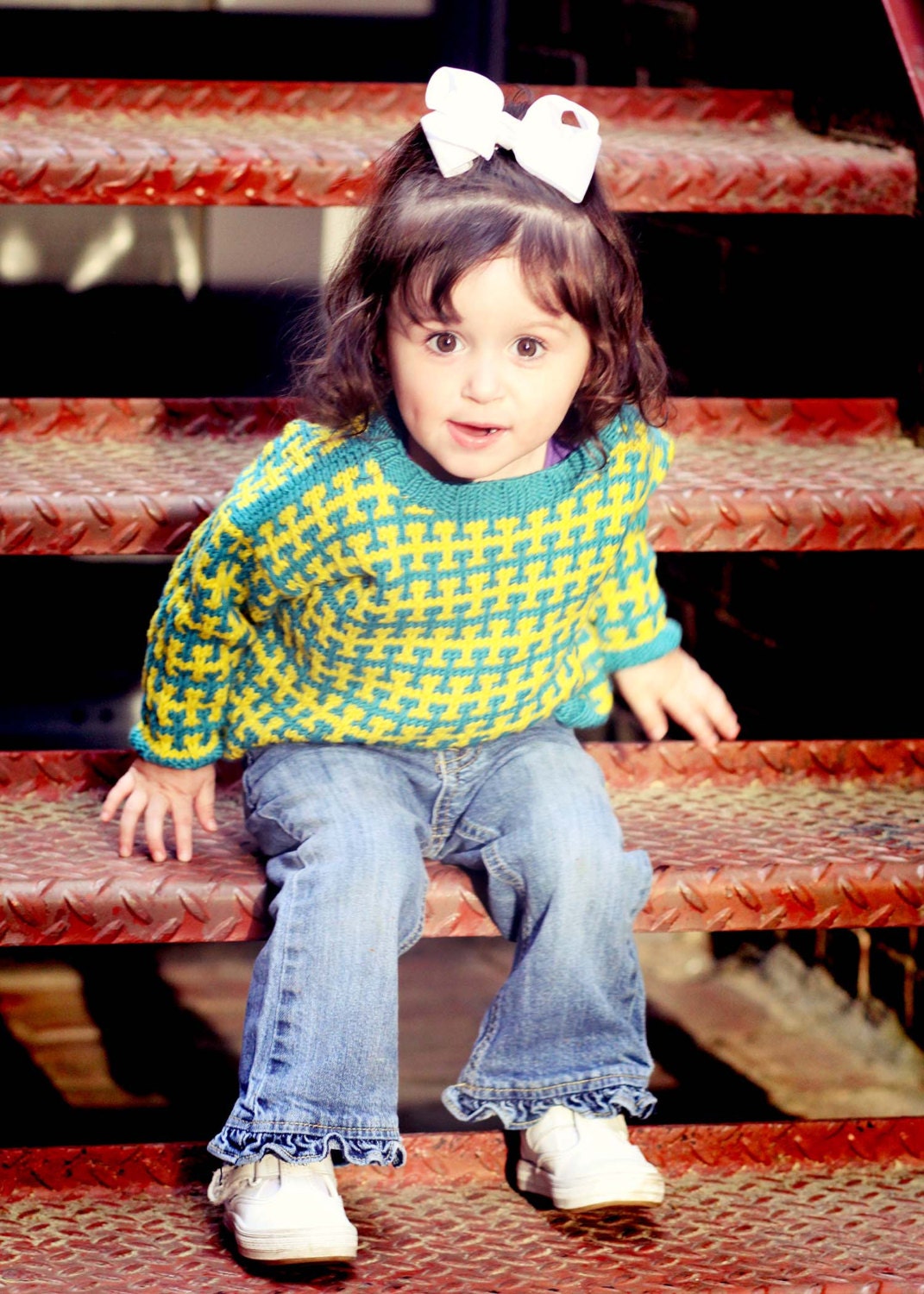 Children's Clothing --Teal and Yellow -- RENO ROAD -- Handknit Baby Sweater Unisex
