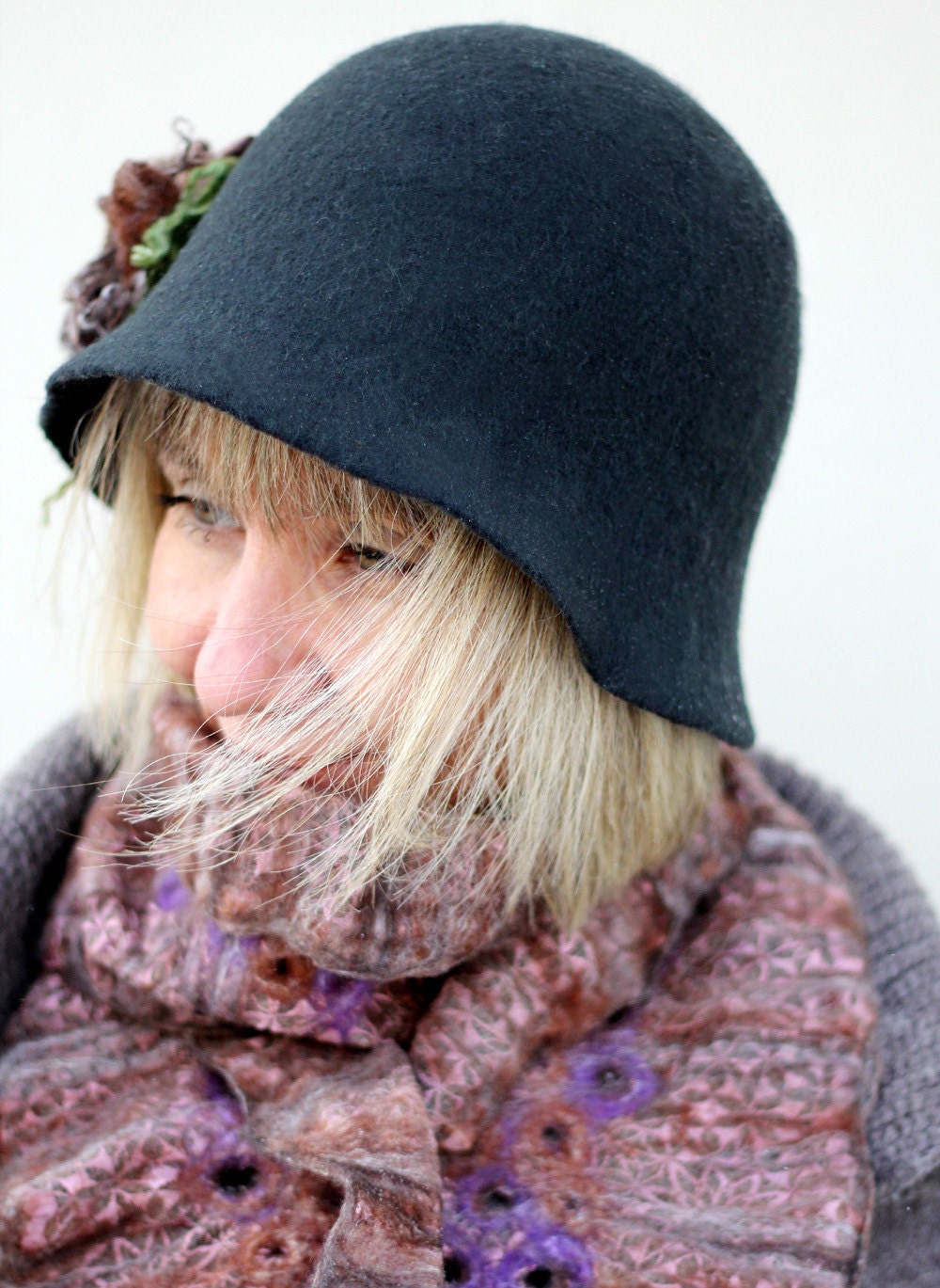 SALE...Hand felted merino wool retro style cloche hat in deep bottle green fall spring fashion for her under 100 50 - "Charming Lady"
