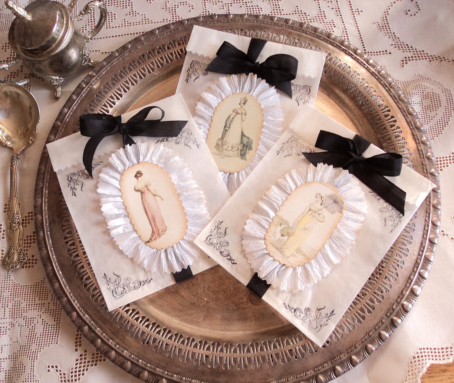 Regency Charm. Eight Glassine Favor Bags with Regency Ladies