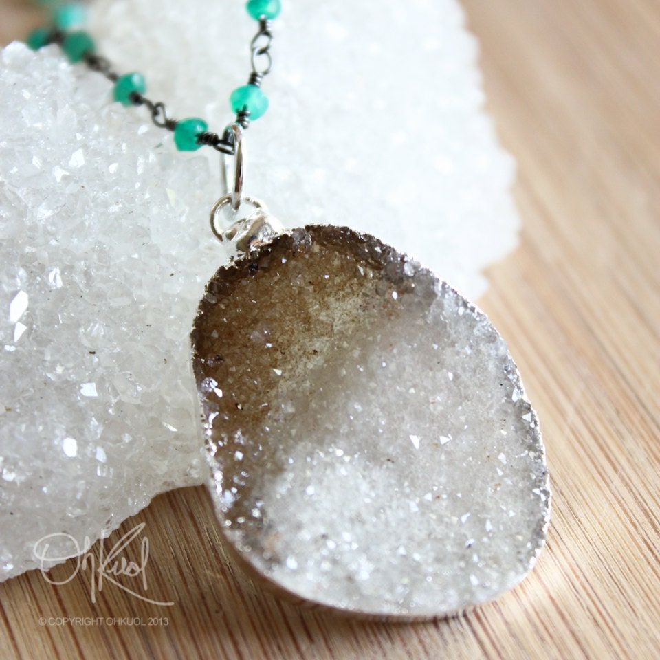 Natural Brown and White Agate Druzy on Green Onyx Necklace - Black Rhodium - May Birthstone
