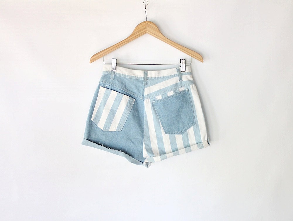 Vintage 80s High Waisted Denim & White Striped Cut Offs // Women's Micro Shorts