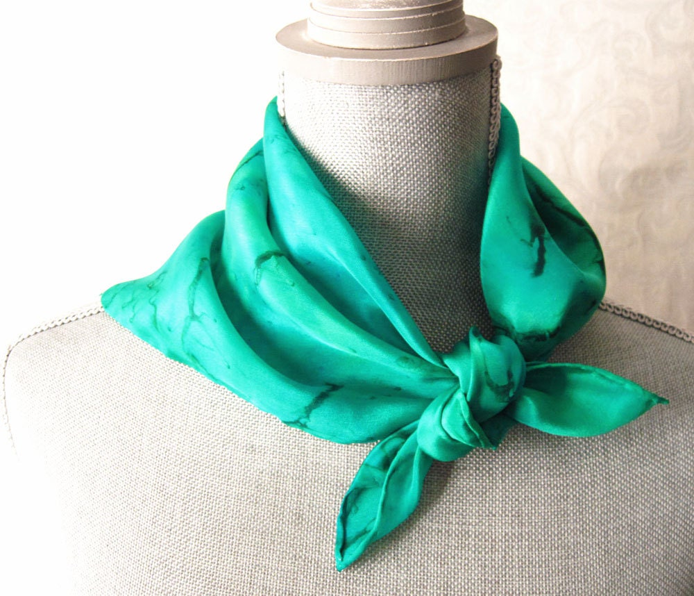 Hand Painted Silk Bandana Scarf in Green and Aqua