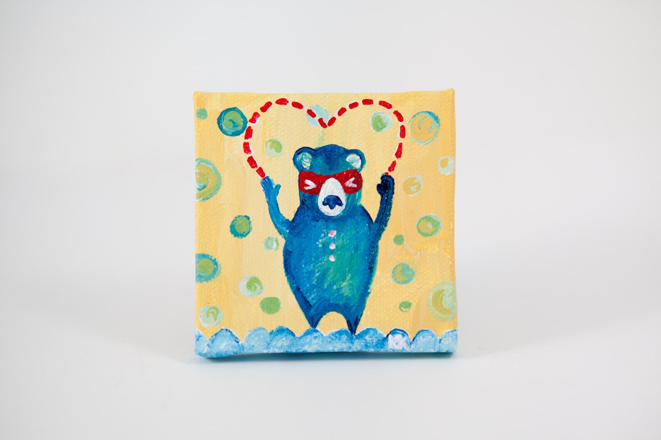 Bear Love Art, Miniature Painting, Whimsical Small Art, Red Heart, Yellow and Blue - Original Mini Painting by Kimberly Kling