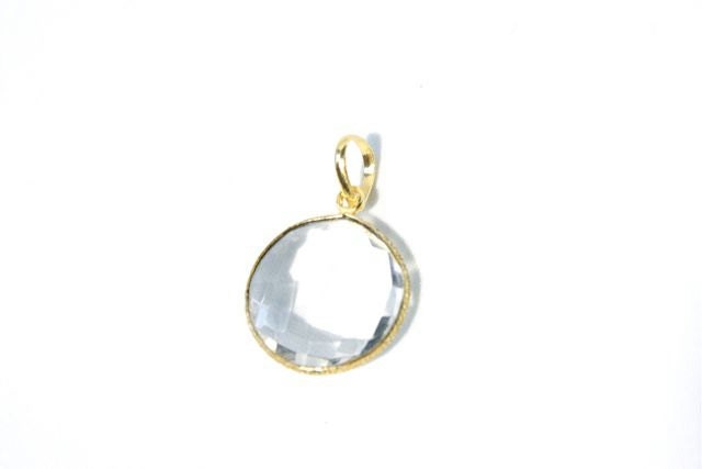 Small Crystal Quartz Gemstone Pendant - Clear Bezel Necklace - Round Circle Pendant - 14K Gold Vermeil Pendant