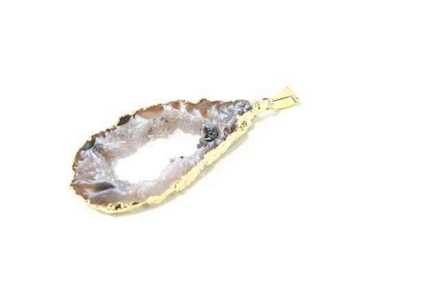 Large Geode - Agate Gemstone Pendant - Long Drop Geode Slice Necklace - Druzy Crystal Gold Pendant - LG005