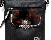 Rhinestone & Feathers Jewelry Embellished Black Purse Cougar