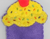 Lavender (9), cupcake, sprinkles, cherry on top, felt, purse