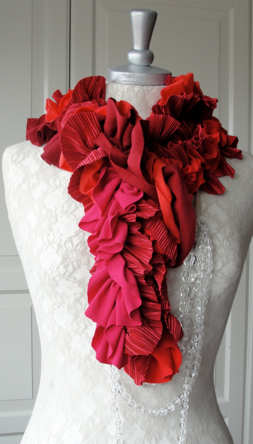 SS13 - Eclectic Patchwork petal cut textured scarf by FAIRYTALE13 - red,coral and cerise tones