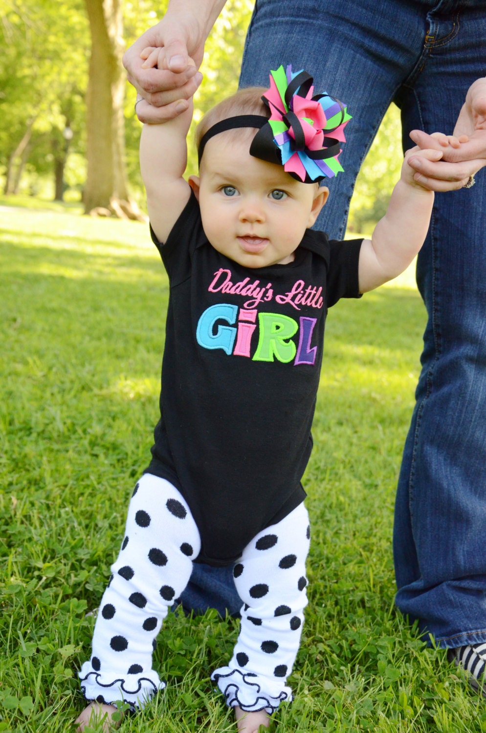 Daddy's Little Girl - Black Multi Color Boutique Applique Shirt or Onesie and Hair Bow Set for Girls