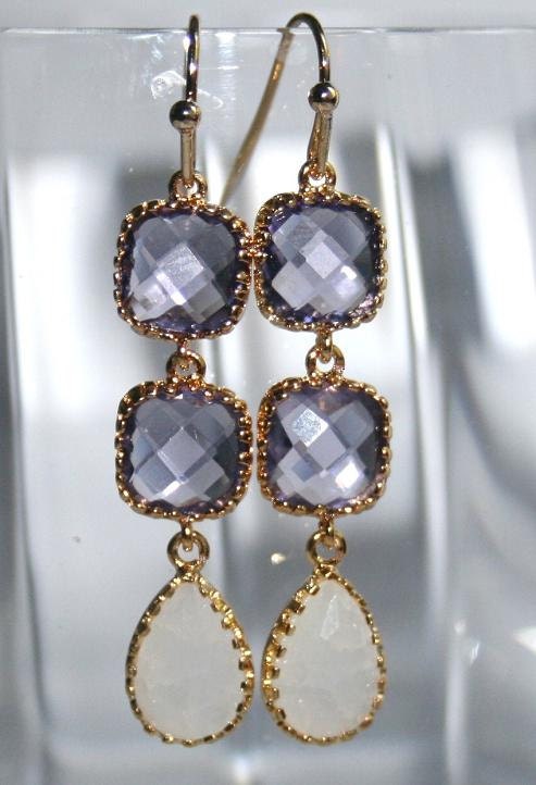 White Opal & Amethyst Triple Drop Gold Earrings, Purple and White Opal Teardrop dangle Statement Earrings - Wedding Jewelry