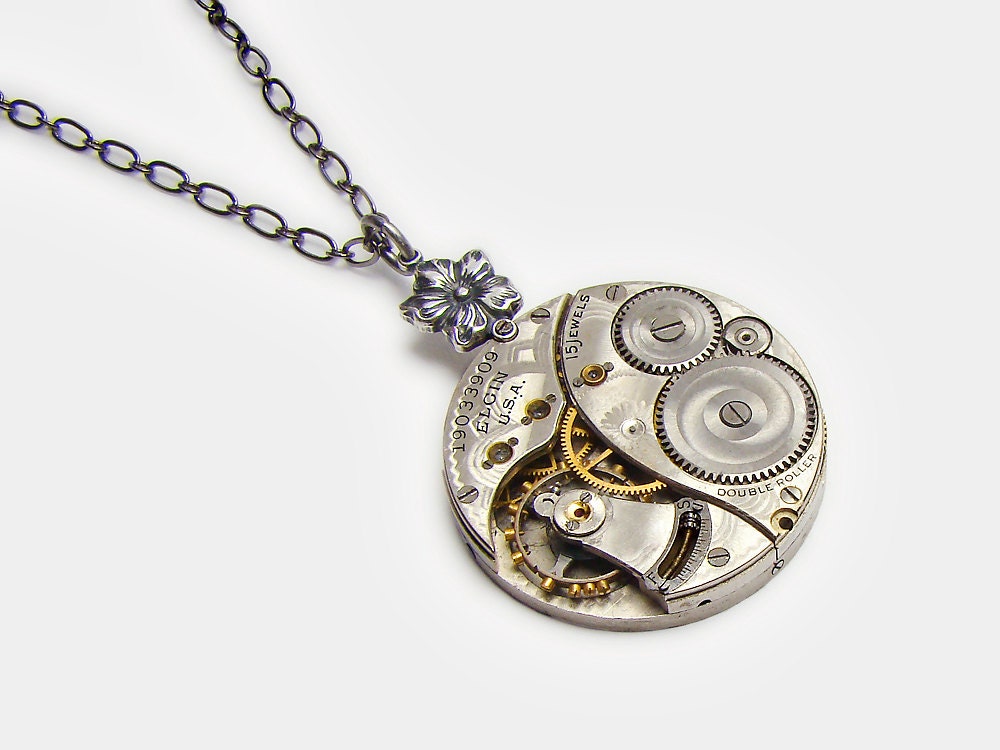 Steampunk Necklace vintage Elgin pocket watch movement silver flower Neo Victorian pendant Steampunk jewelry by Steampunk Nation