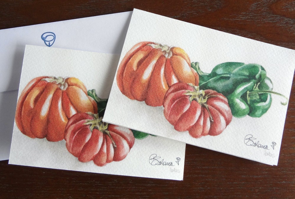 note cards, tomatoes and peppers, still life print, watercolor cards