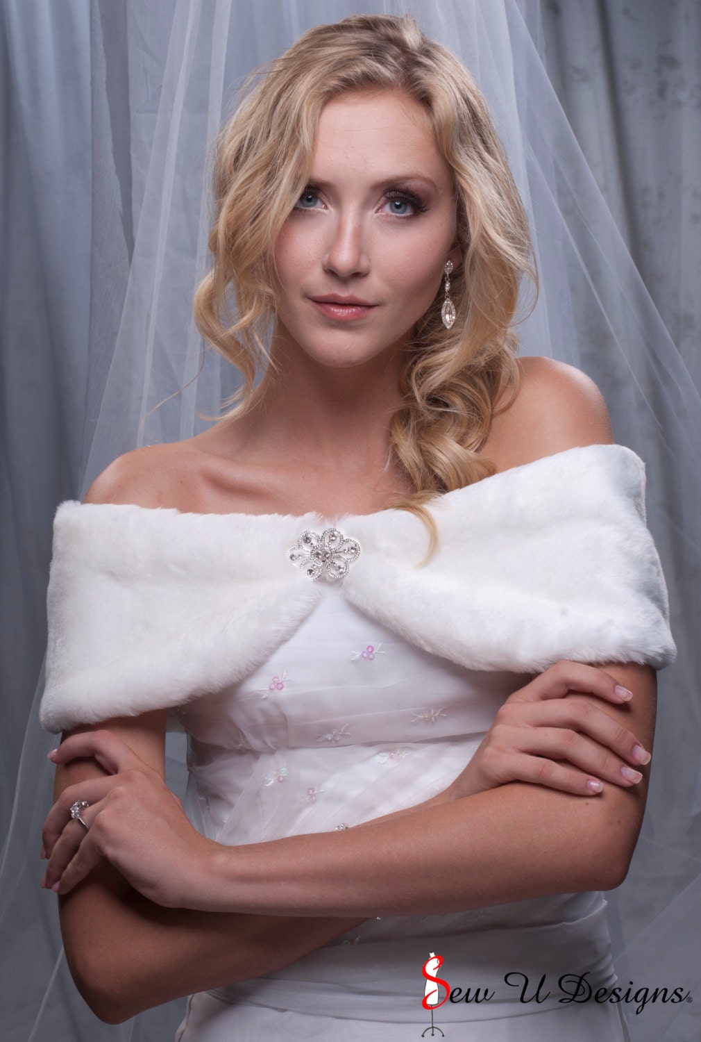 Winter wedding shawl custom faux fur wrap 6 inch wide shrug Available in White or Black
