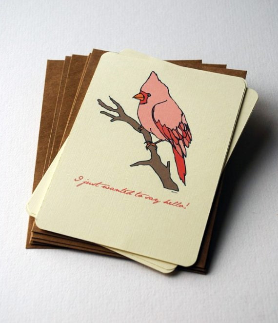 I Just Wanted to Say Hello Notecard Set with Cardinal in Pink, Brown and Red -Set of 6 flat Notecards and Kraft Envelopes