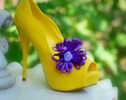 Shoe Clips Flower Purple / Ivory / White / Yellow / Orange / Blue Beads - Pearls - Rhinestone. Bridal Bride Bridesmaid, Bright Satin Ribbon