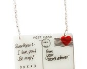 Postcard Necklace - Valentine's - Red Heart on White Love Letter - Sealed With A Kiss - I Love You, Secret Admirer, Be Mine